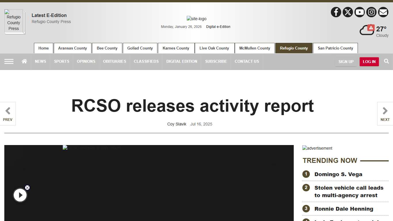 RCSO releases activity report Refugio County Press southtexasnews.com